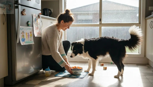 Woman feeding dog in bright home kitchen