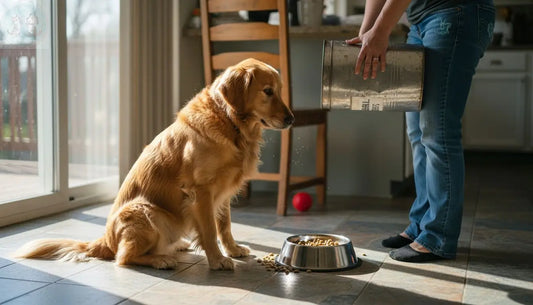 Dog waiting by food bowl in kitchen
