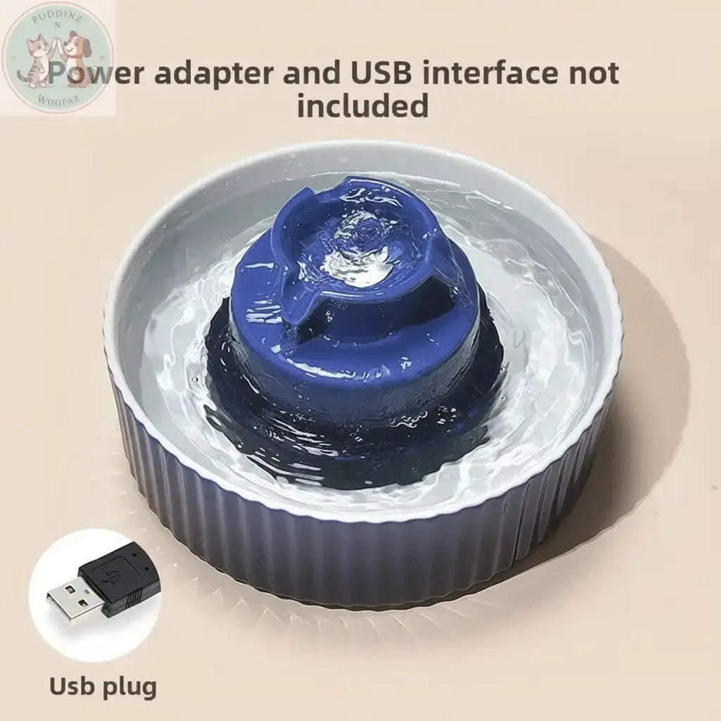Premium Navy Blue Ceramic Pet Water Fountain with Text Overlay