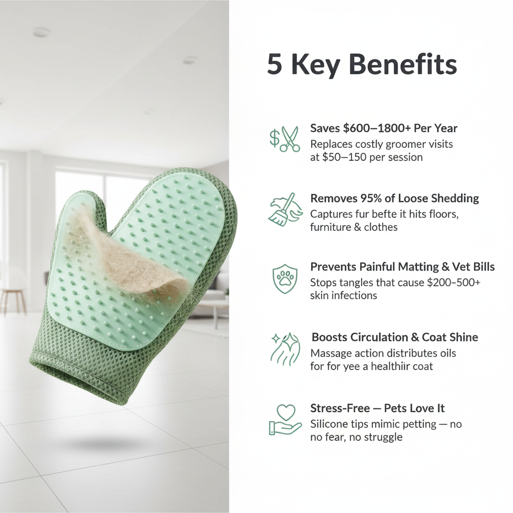 Pet Grooming Glove 5 Key Benefits Infographic