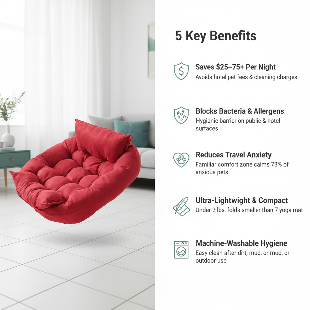 Portable Travel Pet Bed Red 5 Key Benefits Infographic